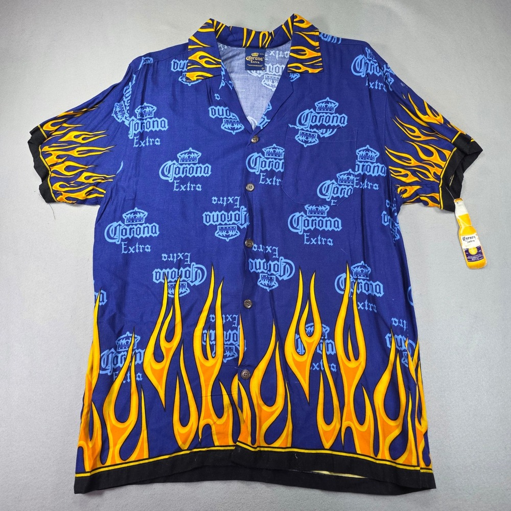 Corona Extra Mens XL Blue Flame All Over Print Button Down Shirt Short Sleeve